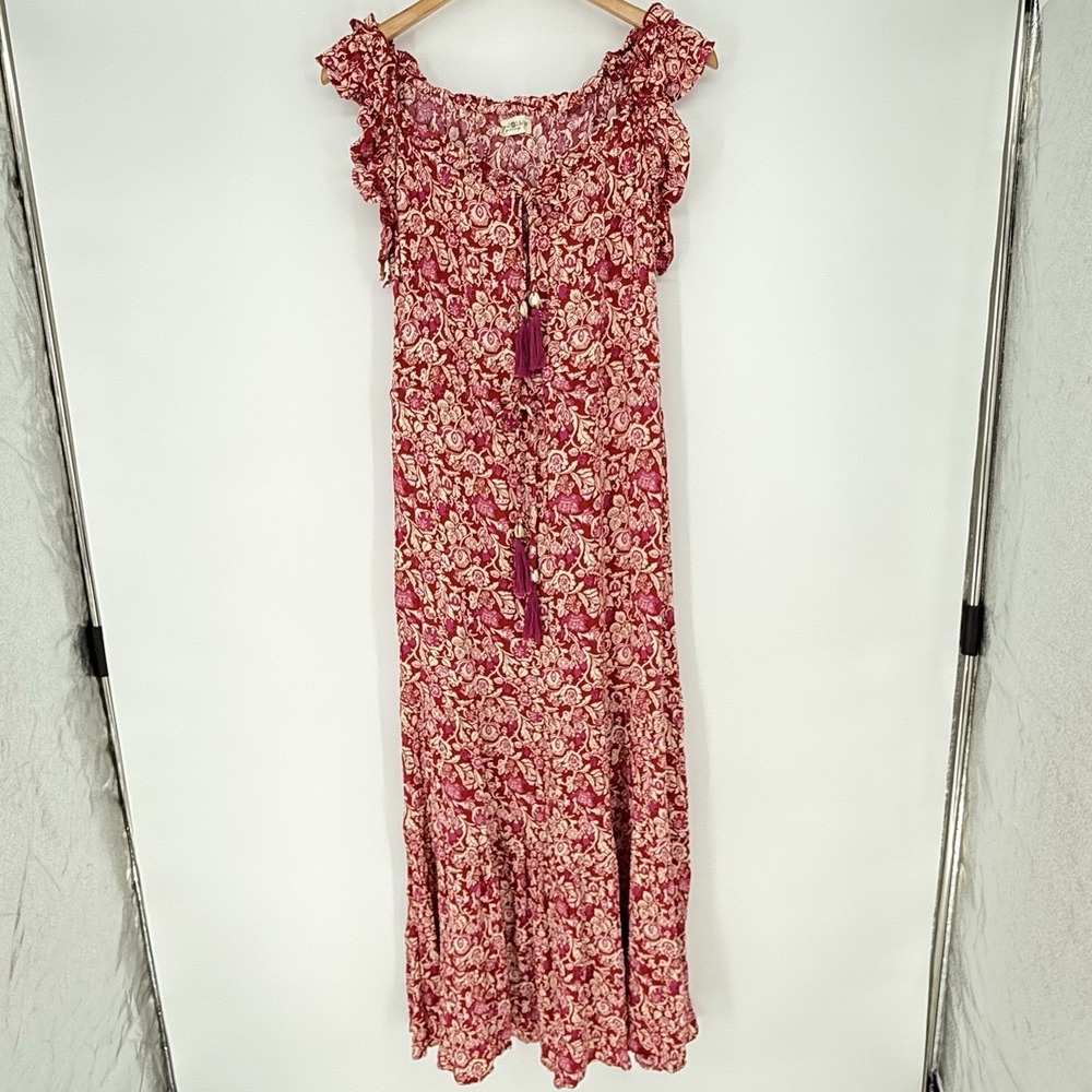 Natural Life Havana Nights Tiered Maxi Dress M Dark Pink/Red Floral Boho Flowy